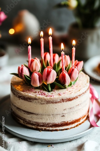Beautiful Cake With Tulip Flowers and Candles for a Special Celebration Indoors.