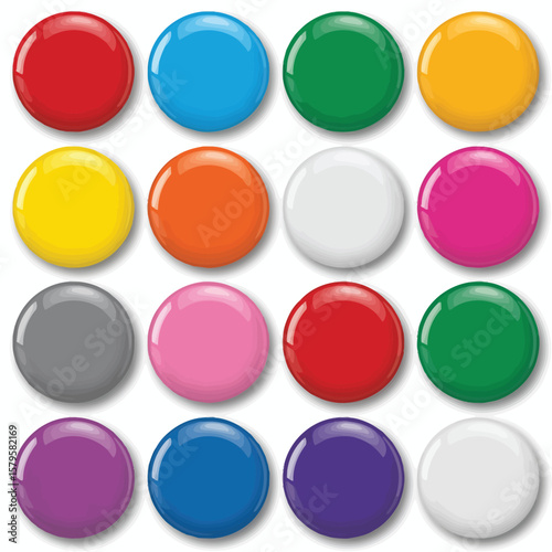 Collection of sixteen colorful glossy circular buttons arranged in a grid pattern