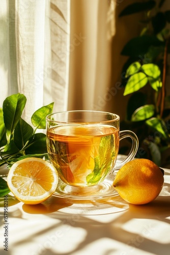 Refreshing Herbal Tea With Lemon Slices on a Tranquil Kitchen Table in the Af...