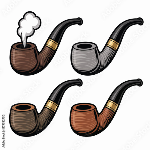 Collection of four smoking pipes with different styles and colors on a white background