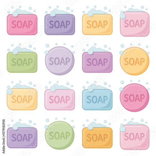 Collection of colorful soap bars with bubbles in pastel shades on a white background