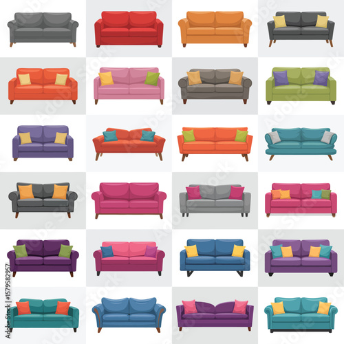 Collection of colorful modern sofas and couches with decorative pillows