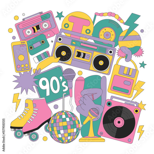 Vibrant 90s retro pop culture collage with boombox cassettes and roller skates