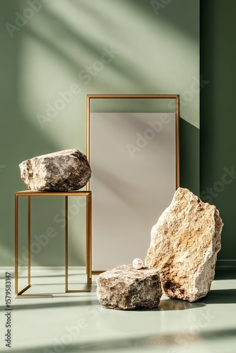 Creative Arrangement of Natural Stones and a Mirror in Modern Interior Design...