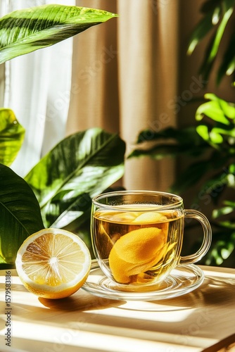 Refreshing Lemon Tea Served in a Glass Cup Surrounded by Green Plants in a Su...