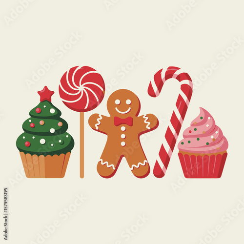 Festive christmas treats including gingerbread man candy cane cupcake and lollipop