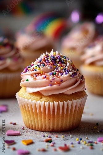 Cupcake With Pink Frosting and Colorful Sprinkles on a Festive Table Setting