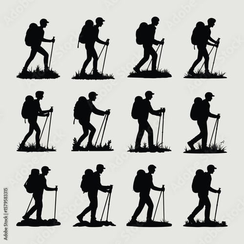 Collection of twelve silhouette hikers with backpacks and trekking poles