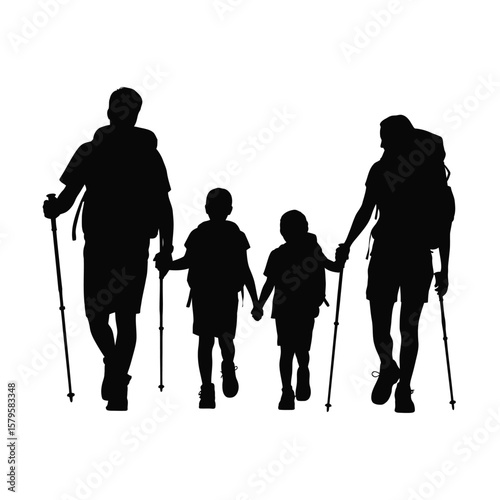Family hiking together with backpacks and trekking poles on a white background