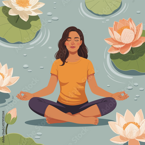 Woman meditating peacefully in a lotus pond surrounded by blooming water lilies