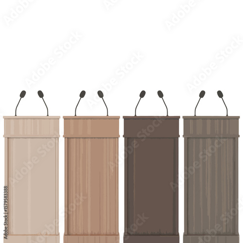 Four empty podiums with microphones arranged in a row on a white background