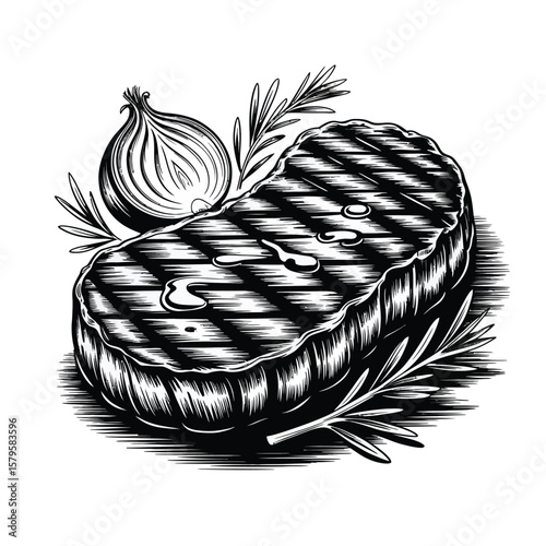 Grilled Steak with Onion and Rosemary Vintage Illustration
