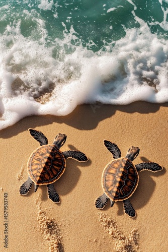 Turtle Hatchlings Making Their Way to the Ocean on a Sandy Beach at Sunrise.