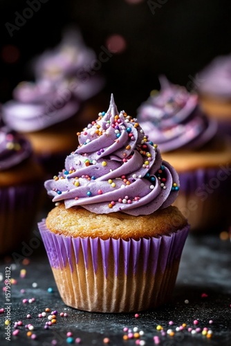 Delightful Purple Frosted Cupcakes Ready for a Celebration With Colorful Spri...