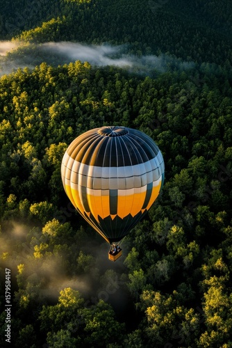 Hot Air Balloon Floating Above Lush Green Forest at Sunrise.