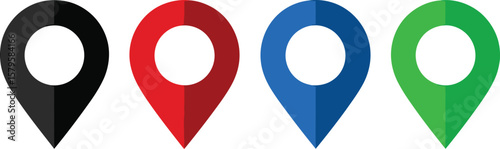 Four colorful map location pins in a row on a white background