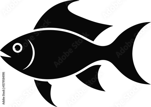 Simple black silhouette of a fish with fins and a tail on a white background