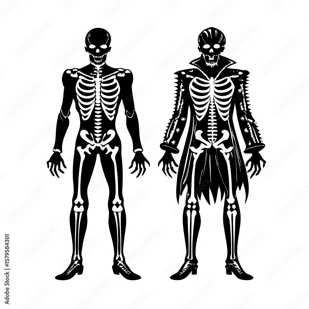 Fototapeta premium Fashion illustration of a woman's body with a human skeleton x-ray scan in a dynamic silhouette sketch