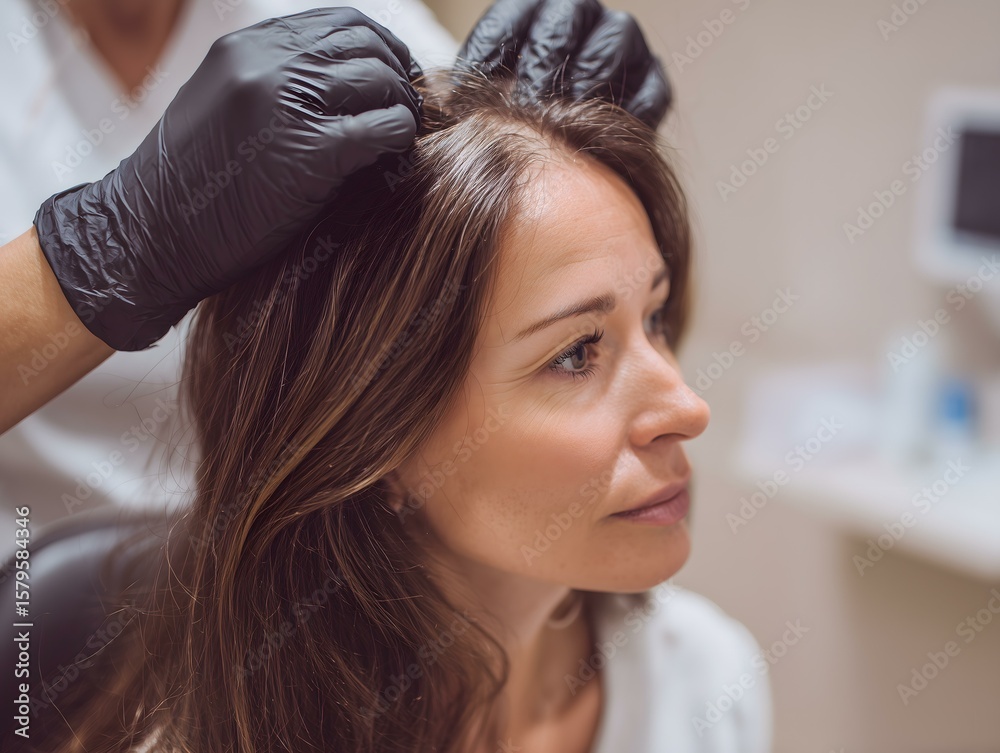 Fototapeta premium Hair treatment session in a modern salon showcasing a woman receiving scalp care from a professional stylist