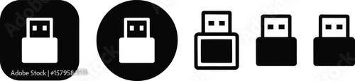 Collection of black and white usb flash drive icons in various shapes and styles