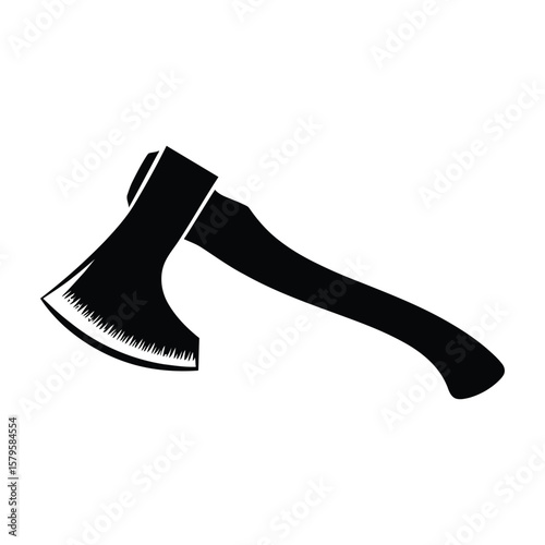 Black silhouette of a sharp edged axe with a wooden handle on a white background