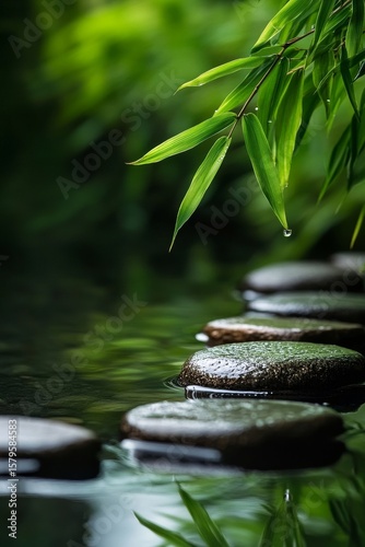Serene Bamboo Leaves Framed by Stepping Stones Over Tranquil Water on a Calm Day