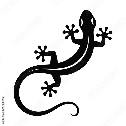 Stylized black silhouette of a gecko with a long curved tail on a white background