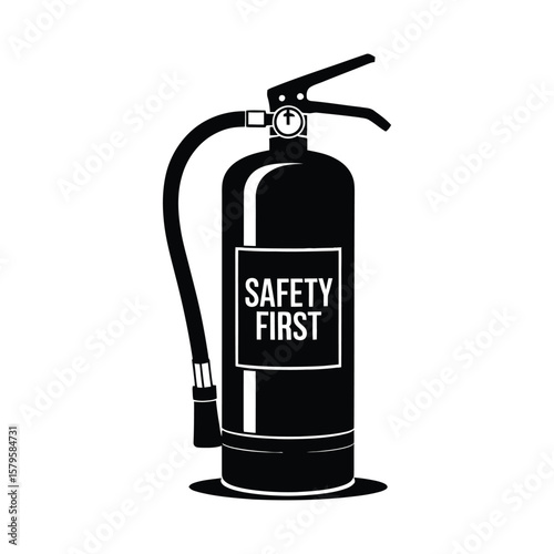 Black silhouette of a fire extinguisher with the words safety first on its label