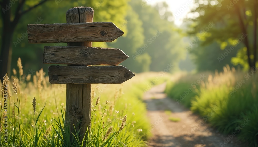 Wooden signpost with three directional arrows points along tranquil path through rich green fields. Soft sunlight filters through trees, creating peaceful, inviting atmosphere for exploration, Wooden signpost with three directional arrows points along tranquil path through rich green fields. Soft sunlight filters through trees, creating peaceful, inviting atmosphere for exploration,