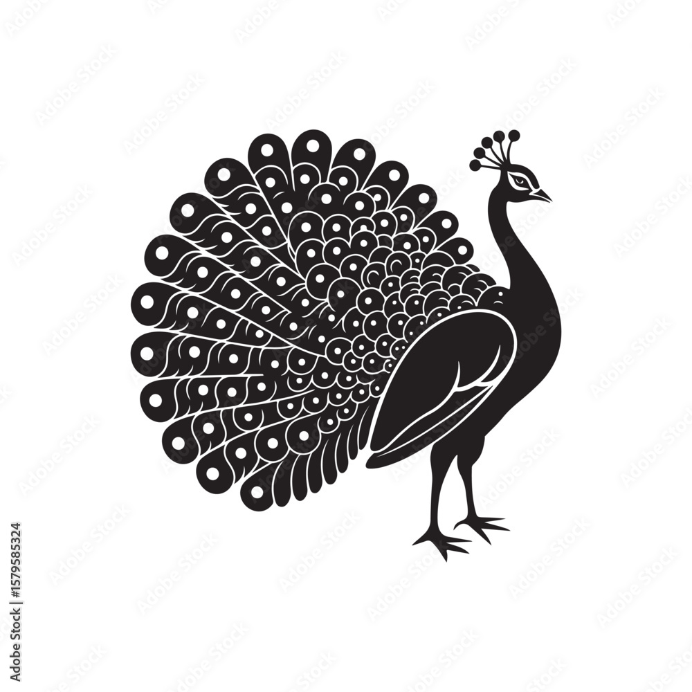 Fototapeta premium Stylish black silhouette of a peacock with detailed feathers - Elegant Black Bird Illustration for Logo, Decoration, and Art Design