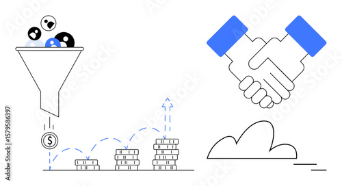 Funnel with leads converting to revenue, coins growing in stacks, handshake symbolizing partnerships and trust. Ideal for business, marketing, sales, finance, partnerships strategy success. Clear