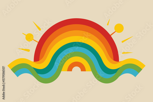 Abstract rainbow arc in a bright blue sky with a summer sun