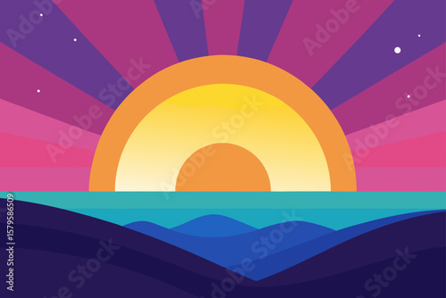 Sunrise or sunset over a mountain landscape with an orange sky and colorful clouds