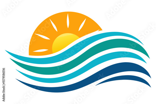 A vibrant vector illustration capturing the essence of summer with sun, sea waves, and playful fish, perfect for an ocean-themed design or travel logo