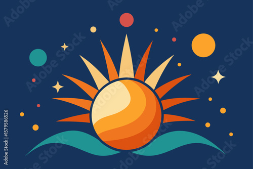Sun and moon in space with a basketball on the fiery sun, amidst an illustration of stars, planets, and the universe