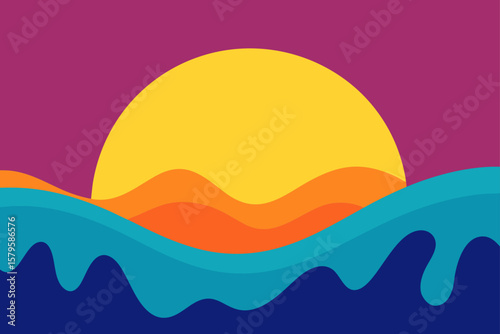 Abstract vector illustration of a summer sunset over a calm ocean with distant mountains and artistic clouds