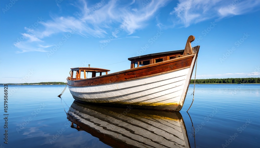 Obraz premium Wooden boat on calm lake, sunny day