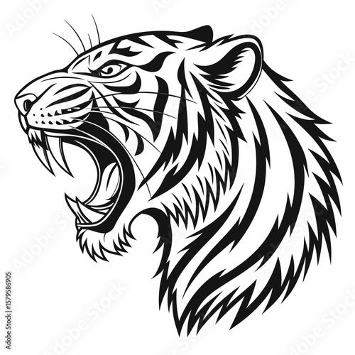 Fierce tiger head roaring with open mouth and sharp fangs silhouette isolated on white background