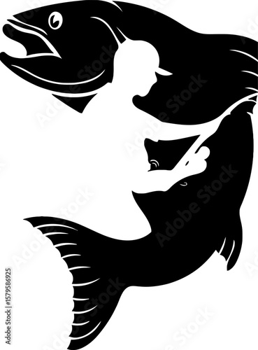 Surreal Fish Ride Silhouette Vector – Black Icon of Human on Jumping Bass for Fantasy, Nature Adventure, and Dream-Inspired Graphic Themes