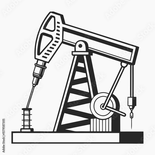 Black silhouette of an oil pump jack extracting crude oil from the ground isolated on white background