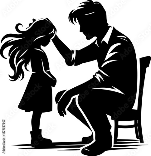Guidance Silhouette Vector – Black Icons of Seated Adult Touching Child’s Head for Parenting, Mentorship, and Emotional Bond Graphics