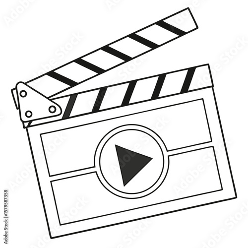 Stylized silhouette of a movie clapperboard with a play button icon isolated on white background