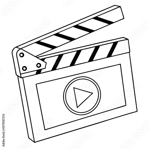 Classic movie clapperboard with play button icon silhouette isolated on white background