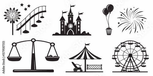 Collection of amusement park and celebration icons including castle ferris wheel fireworks and scales silhouette isolated on white background