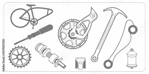 Collection of bicycle parts and tools including a bike silhouette crankset and screwdriver isolated on white background silhouette