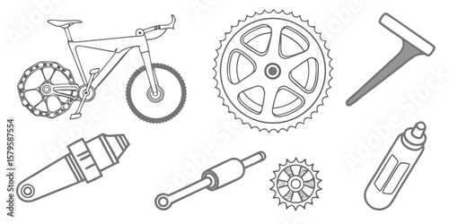 Collection of bicycle parts and tools in a clean silhouette style isolated on white background