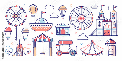 Collection of flat design amusement park rides and attractions silhouette isolated on white background