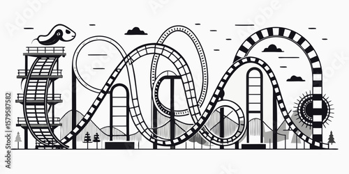 Whimsical roller coaster with a playful creature at the start isolated on white background silhouette