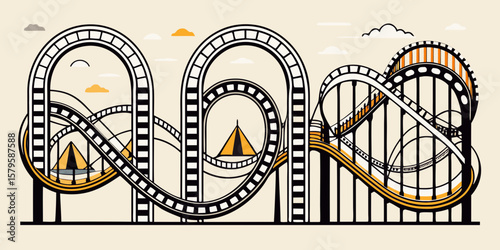 Stylized roller coaster ride with loops and drops isolated on white background silhouette