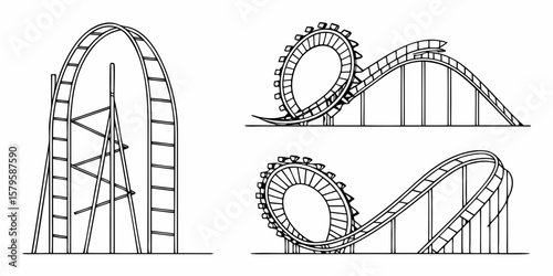 Three distinct roller coaster track designs in a simple black and white line art silhouette isolated on white background